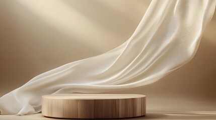 3. **Feminine Luxury**: Design a refined 3D display featuring a wooden pedestal against a smooth brown background, with a delicate silk curtain flowing gracefully. The natural wind effect should
