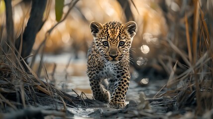 Fototapeta premium A young leopard cub is seen in the Okavango Delta : Generative AI