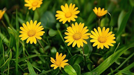 Fototapeta premium A close-up of yellow daisies in full bloom, their vibrant petals contrasting with the green grass.