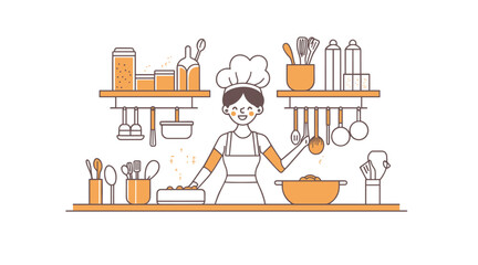 Fototapeta premium vector simple drawing girl in the kitchen cooking food .Generative AI