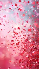 Festive Valentine's Day Celebration Background with Vibrant Heart Confetti and Soft Glowing Sparkles