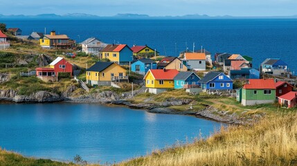 Obraz premium A coastal town with brightly colored houses lining the shore, set against the backdrop of a deep blue ocean.
