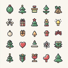 Festive set of colorful Christmas-themed icons with trees, gifts, and decorations.