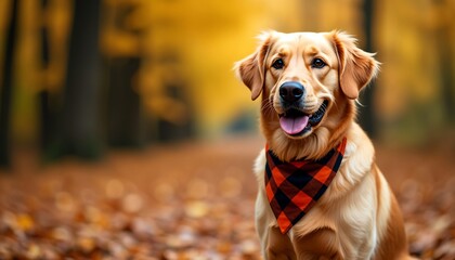 Happy golden retriever dog, orange plaid bandana, outdoor fall background, thanksgiving, promotion, banner, copy space, space for text