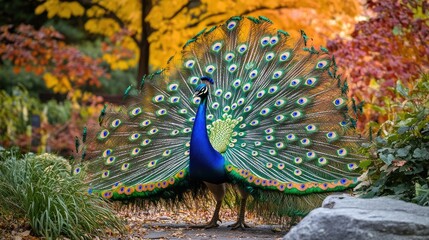 Obraz premium A colorful peacock strutting through a garden, its tail feathers fanned out in a dazzling display
