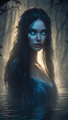 Fototapeta premium A young girl ghost in a white dress stained with mud sits by the river where the moonlight reflects off the water, making her distorted shadow visible.