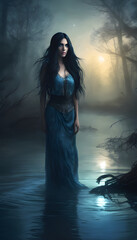 Fototapeta premium A young girl ghost in a white dress stained with mud sits by the river where the moonlight reflects off the water, making her distorted shadow visible.