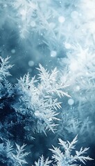 Modern Winter Abstract Design with Crystalline Snowflakes over Icy Blue and White Gradient Background