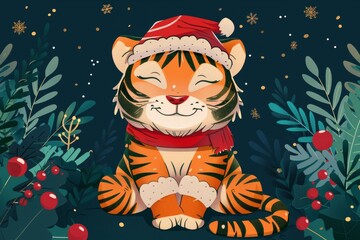 Festive tiger in santa hat amid christmas foliage