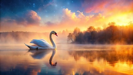 Fototapeta premium Panoramic elegant swan in tranquil sunset lake adorned with colorful dust in trace style