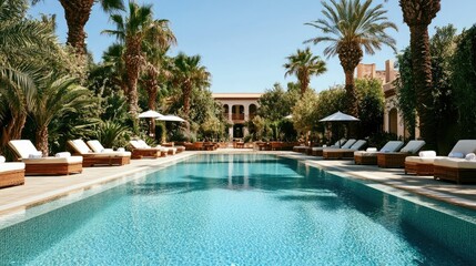A crystal-clear blue swimming pool in a luxurious outdoor setting, surrounded by palm trees and lounge chairs.
