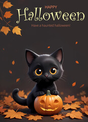 Happy Halloween poster with black cat with Halloween pumpkin and autumn leaves
