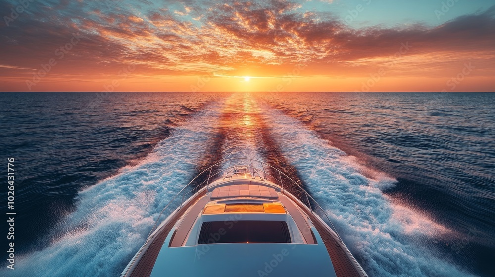 Poster A boat is speeding through the ocean with the sun setting in the background