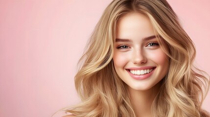 Fototapeta premium 1. **Radiant Confidence**: Create an image of a smiling young woman with long, beautifully groomed blonde hair against a soft pastel flat background. The scene should have ample copy space, making it