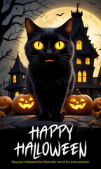 Obraz premium Happy Halloween poster with black cat with glowing yellow eyes in front of haunted house with Halloween pumpkins