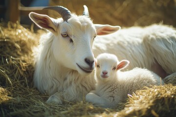 Obraz premium Mother goat and baby goat snuggled together on hay in a warm barn. 