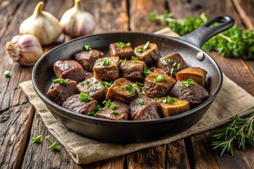 Panoramic garlic butter beef steak bites in iron cast pan