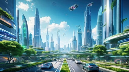 A futuristic cityscape with sleek skyscrapers, flying vehicles, and green spaces.