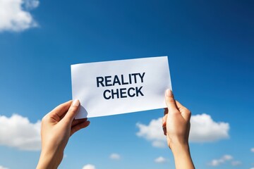 Hands holding a sign that says "Reality Check" against a bright blue sky.
