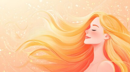 2. **Hair Care Elegance**: Illustrate a cheerful young woman with flowing blonde hair, set against a gentle pastel backdrop. The composition should highlight her smile and include generous empty