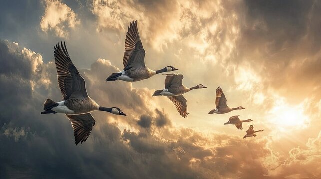 A flock of geese flying in V-formation under a dramatic cloudy sky, symbolizing teamwork and coordination