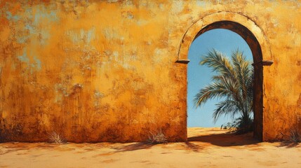 Obraz premium A Palm Tree Seen Through a Stone Archway
