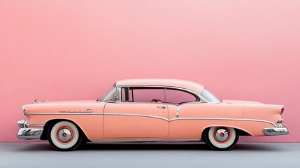 Naklejka premium A vintage car parked against a pastel pink wall.