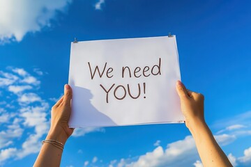 Hands holding a sign that reads "We need YOU!" against a blue sky.
