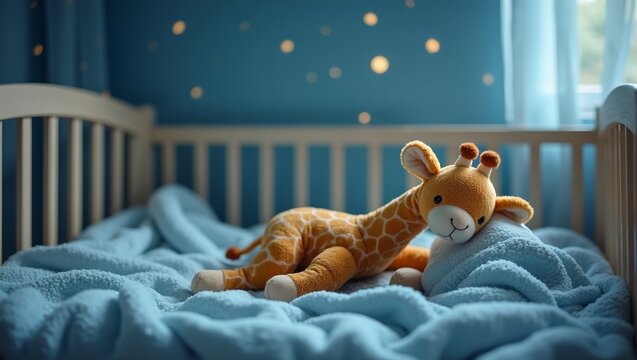 Sweet giraffe plush in cozy crib under starry nightlight