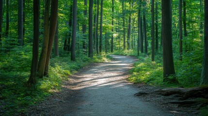 Obraz premium A forest trail surrounded by tall, green trees, with sunlight filtering through the leaves and casting dappled shadows.