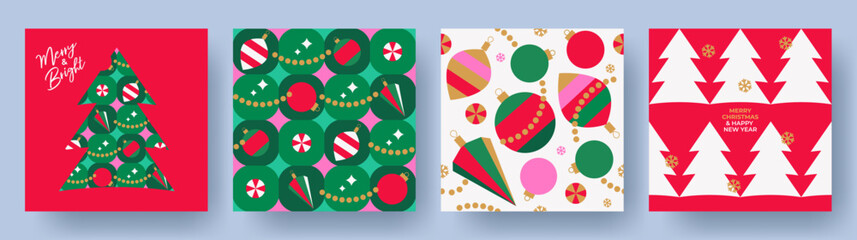 Set of Holiday Xmas seamless pattern with Christmas Tree, toys, snowflakes in trendy geometric style in red, green, pink, gold colors. Christmas design for season greeting card, banner, poster, print
