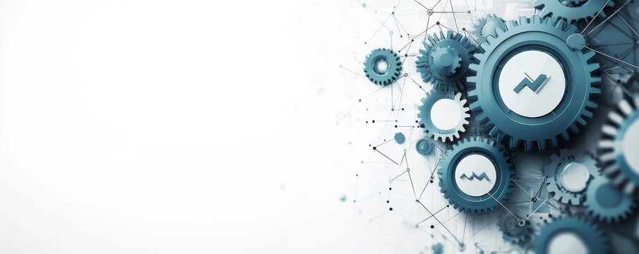 Digital futuristic gears and technology background for infographic with cityscape overlay