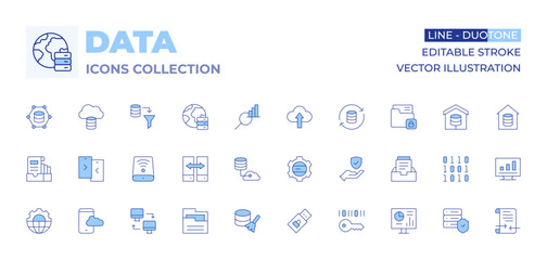 Data icons collection. Line Duotone style, editable stroke. data cleaning, data sharing, data storage, cloud data, computer networking, data integration, data transfer, data