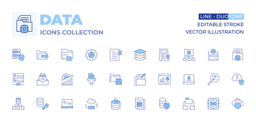 Data icons collection. Line Duotone style, editable stroke. data network, data encryption, data server, data transfer, folder, data analytics, filtering, save, data table, input
