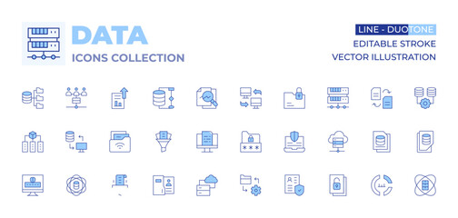 Data icons collection. Line Duotone style, editable stroke. data, folder, data storage, employee, filter, data science, data exchange, data protection, data mining