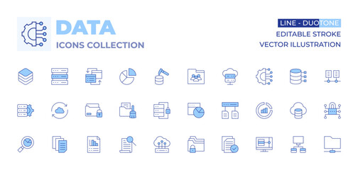 Data icons collection. Line Duotone style, editable stroke. discovery, data cleaning, search, data storage, sync, data security, data, stats, cloud data, data protection