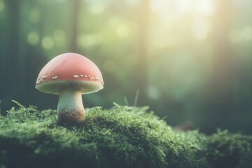 Fototapeta premium A glade dotted with fly agaric and grebes in the forest. Mossy and mushroom forest, background banner. 