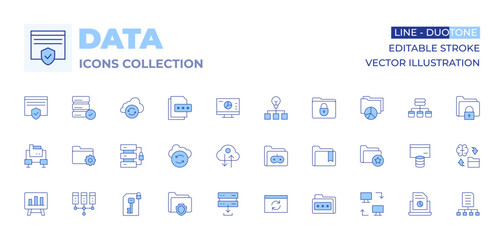 Data icons collection. Line Duotone style, editable stroke. upload, data, data server, data encryption, data management, protection, recovery, data transfer, bar chart