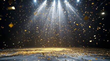 4. **Enchanting Celebration**: Capture a magical moment on a festive stage with golden confetti falling gracefully, highlighted by a radiant light beam. The empty room at night should serve as an