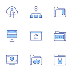 Data icons set. Line Duotone style, editable stroke. analysis, game folder, bookmark, upload, synchronization, folder, data, encrypted data