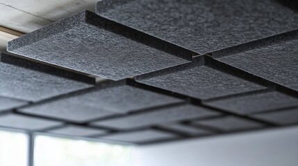 Acoustic ceiling tiles arranged in a grid for sound absorption.