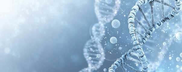 DNA helix with a soft blue gradient background and delicate flowers representing genetics and biotechnology concepts