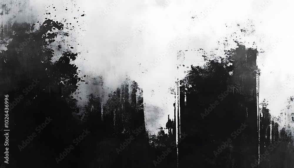 Poster a moody black and white abstract artwork featuring splashes and textures, evoking a sense of mystery