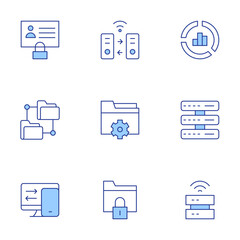 Data icons set. Line Duotone style, editable stroke. data transfer, personal data, data storage, data management, servers, folder, donut chart