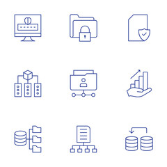 Data icons set. Thin Line style, editable stroke. data protection, data mining, data collection, improvement, data, locked, folder, diagram