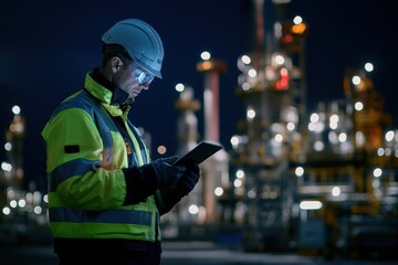 Engineer in safety gear using a tablet at night in an industrial plant with bright lights.
