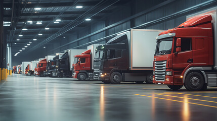 Fototapeta premium A side view of trucks and vans parked in a logistics hub, ready for dispatch to various locations