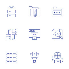 Data icons set. Thin Line style, editable stroke. data transfer, data storage, data exchange, servers, analysis, encrypted data, zip, browser, filter