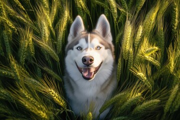 Happy Siberian Husky dog with blue eyes in green wheat field during sunset.
