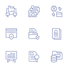 Data icons set. Thin Line style, editable stroke. data, data transfer, data protection, bar chart, open data, folders, document, case, save data